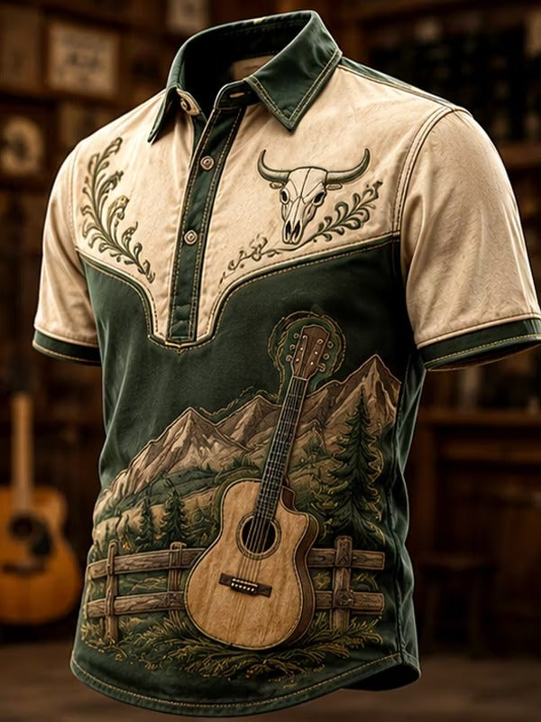 Men's Vintage Western Acoustic Guitar Amid Pine Forest Mountains Print Polo Shirt