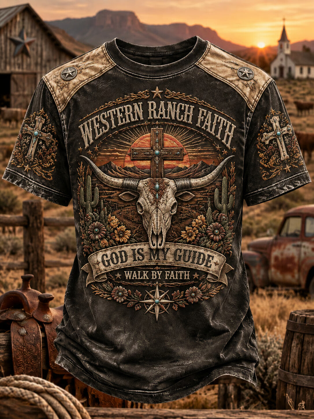 Men's Vintage Western Western Ranch Faith Longhorn Skull Print T-shirt