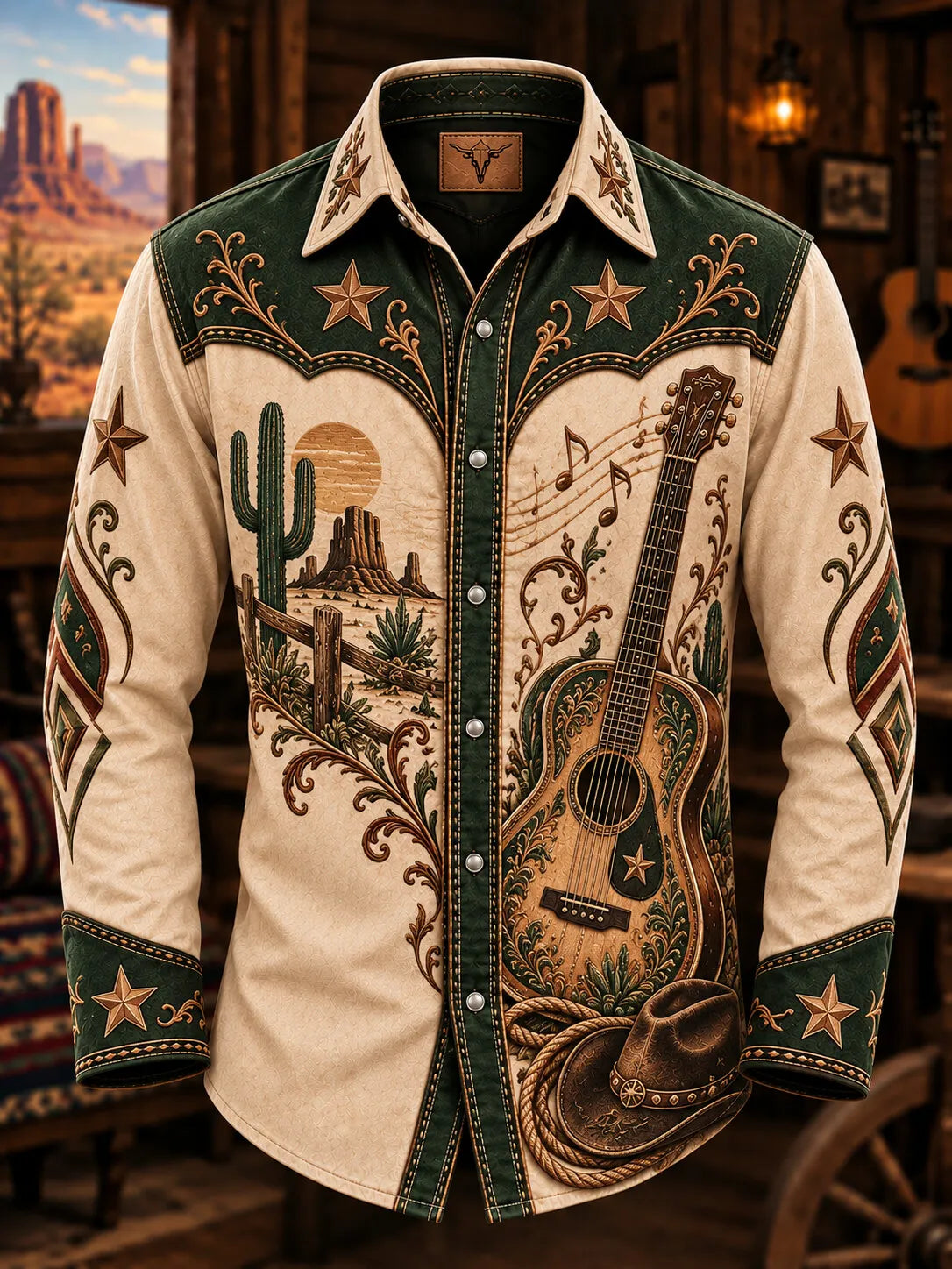 Men's Western Country Music Guitar Musical Notes Cowboy Hat Desert Butte Print Long Sleeve Shirt