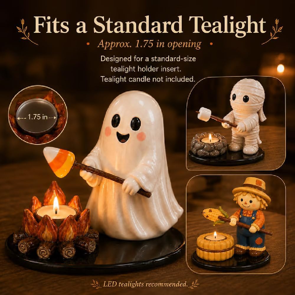 Halloween Campfire Tealight Holder Collection - Cute Ghost, Mummy & Scarecrow Tabletop Decor