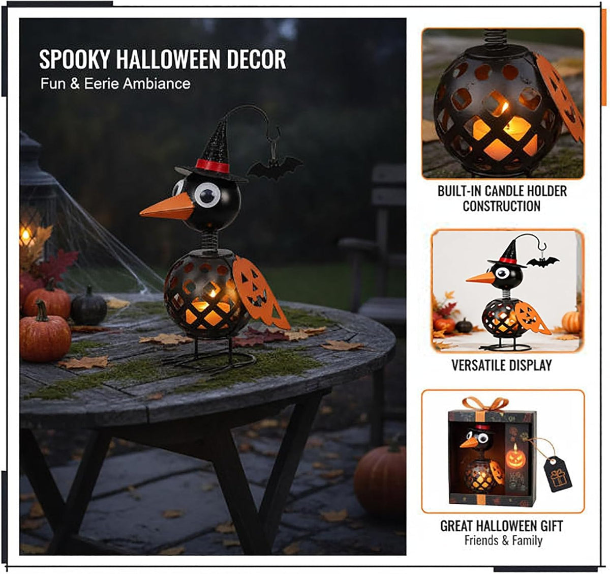 Halloween Crow Candle Holder – Metal Witch Bird Lantern with Pumpkin Wing & Hanging Bat