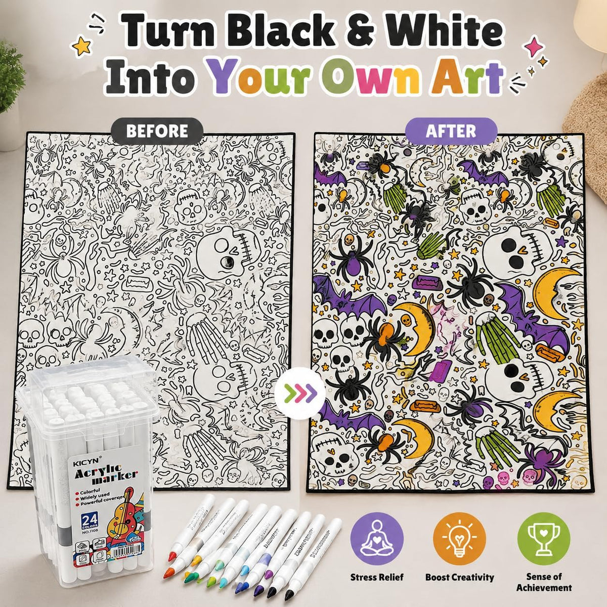 DIY Halloween Coloring Blanket with 24 Markers – Washable Creative Activity for Kids & Adults