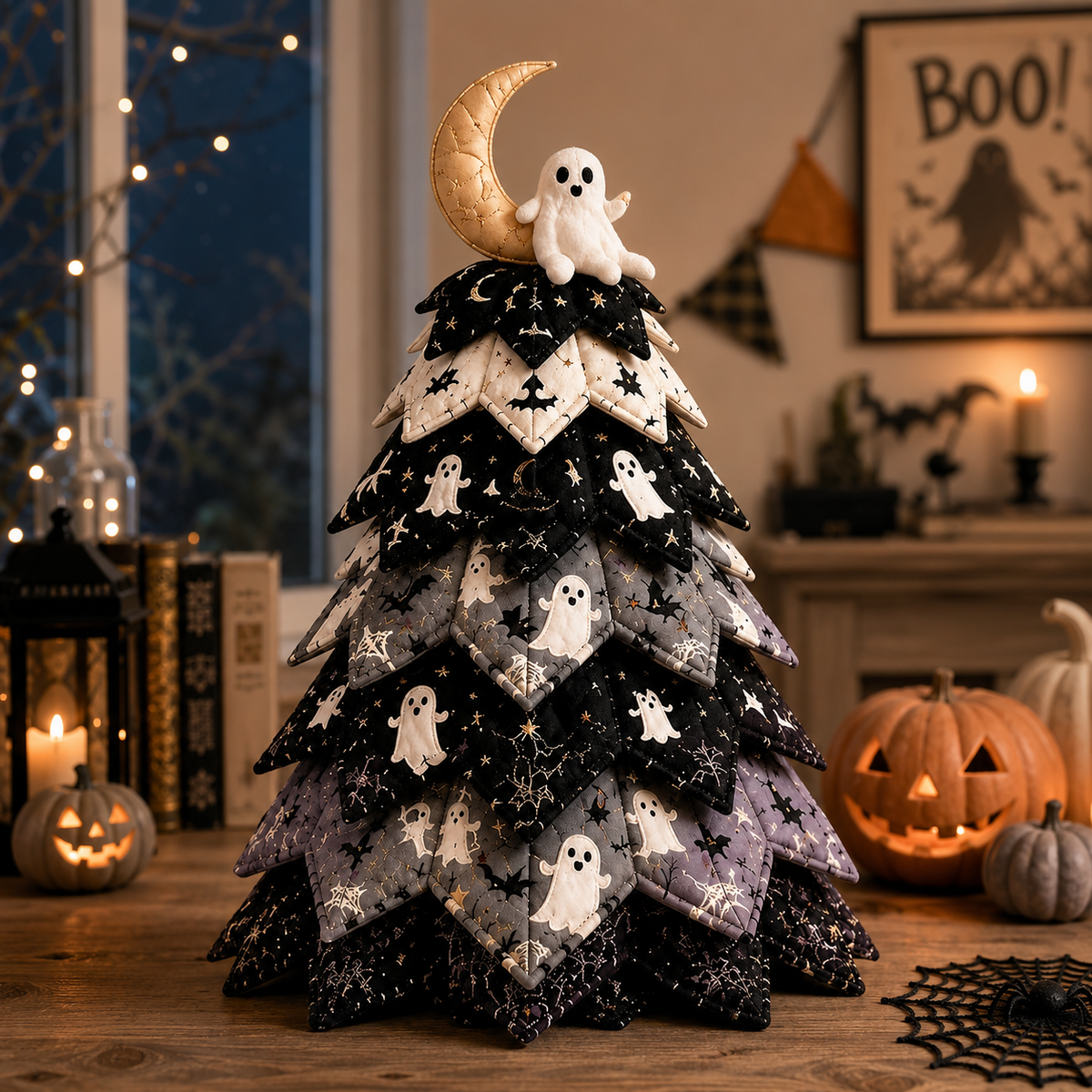 DIY Gothic Halloween Quilted Fabric Tree Kit – Layered Rose & Skull Tabletop Decoration