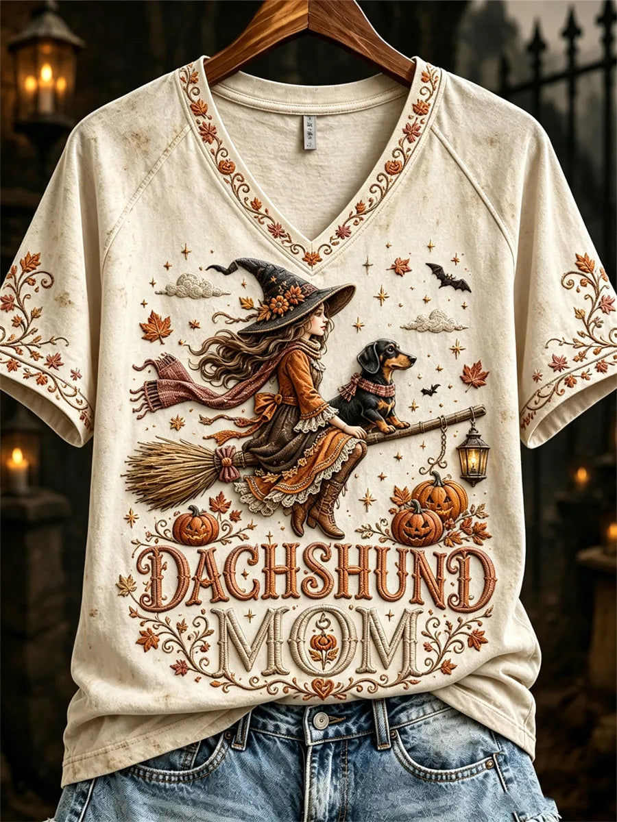 Women's Halloween Fall Dachshund Mom Witch & Dog Print short-sleeved T-shirt