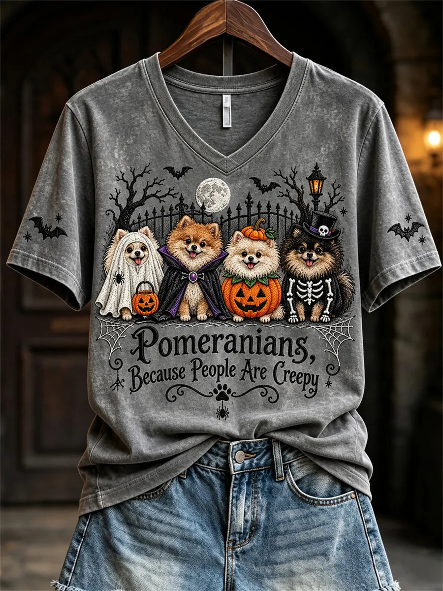 Women's Pomeranians Because People Are Creepy Halloween Dogs Print short-sleeved T-shirt