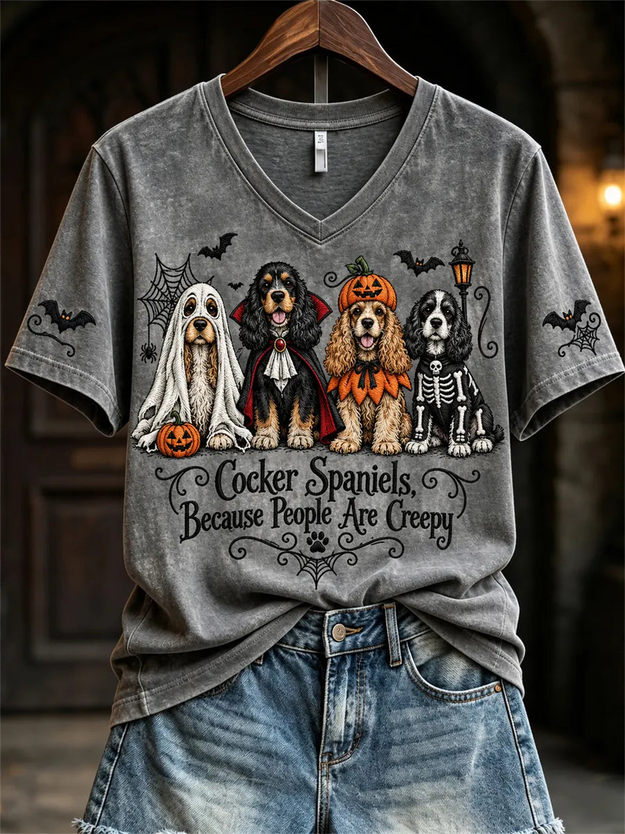 Women's Cocker Spaniels Because People Are Creepy Halloween Dogs Print short-sleeved T-shirt