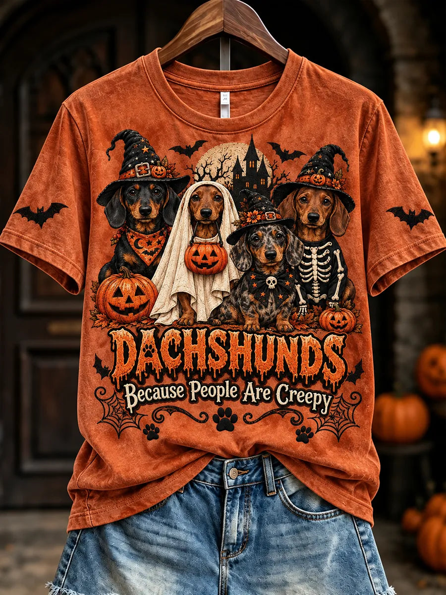 Women's Dachshunds Because People Are Creepy Halloween Print Short-sleeved T-shirt
