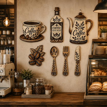 7-Piece Rustic Coffee Wall Art Set – Farmhouse Kitchen and Café Decoration