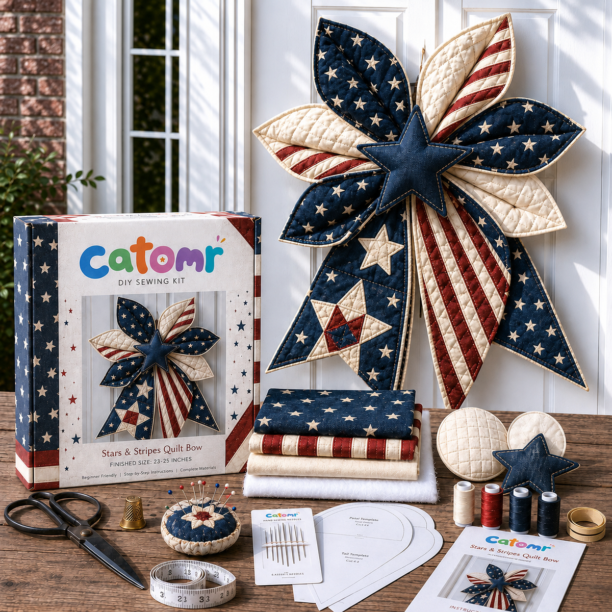 DIY Patriotic Patchwork Bow Sewing Kit – Quilted American Flag Door Hanging Craft