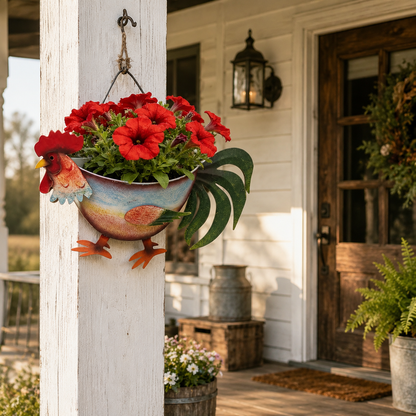 Rustic Farm Animal Metal Fence Planter – Pig, Cow & Rooster Hanging Flower Pot for Garden Decor