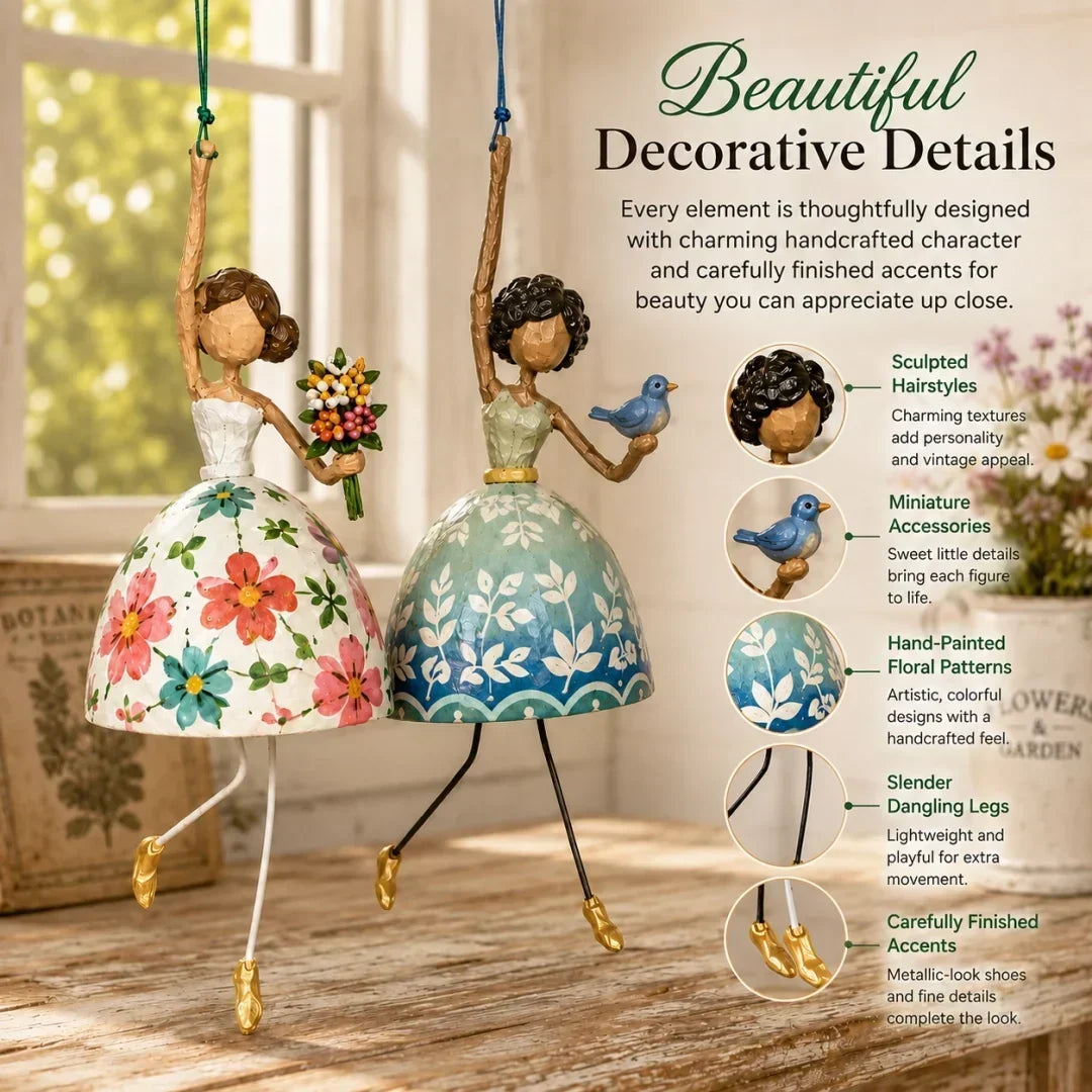 🌸 Hand-Painted Dancing Lady Hanging Ornament — Whimsical Folk Art That Danced Off the Page | Handcrafted Floral Bell-Skirt, Wire Legs & Little Songbird Charm | Charming Decor for Porch, Sunroom, Nursery & Reading Nook