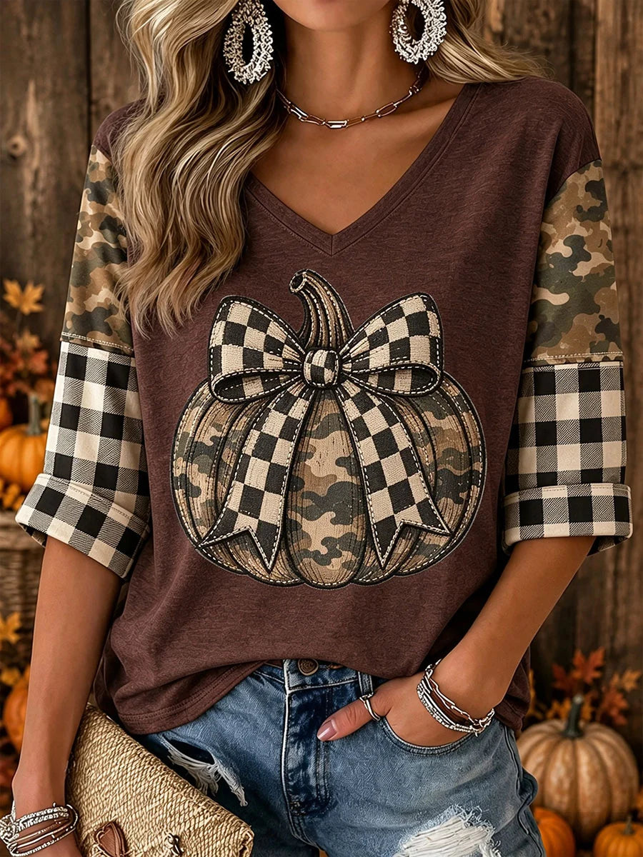 Women's Autumn Pumpkin V-Neck T-Shirts