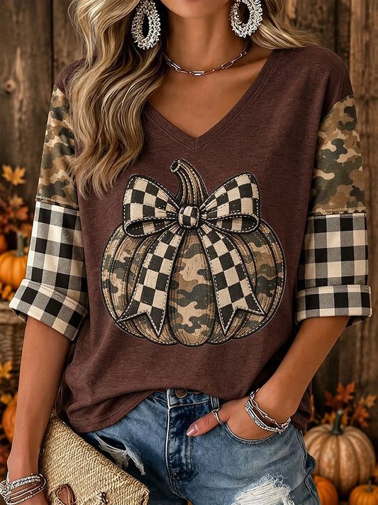 Women's Autumn Pumpkin V-Neck T-Shirts