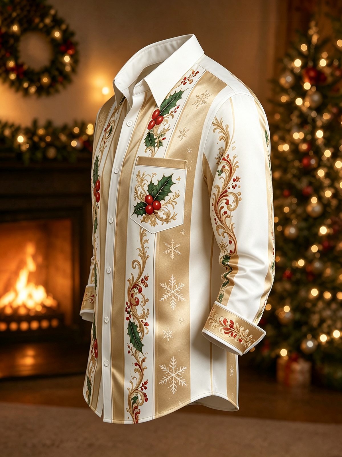 Moisture-Wicking Christmas-Themed Striped Trim and Chest Pocket  Long-Sleeve Casual Shirt