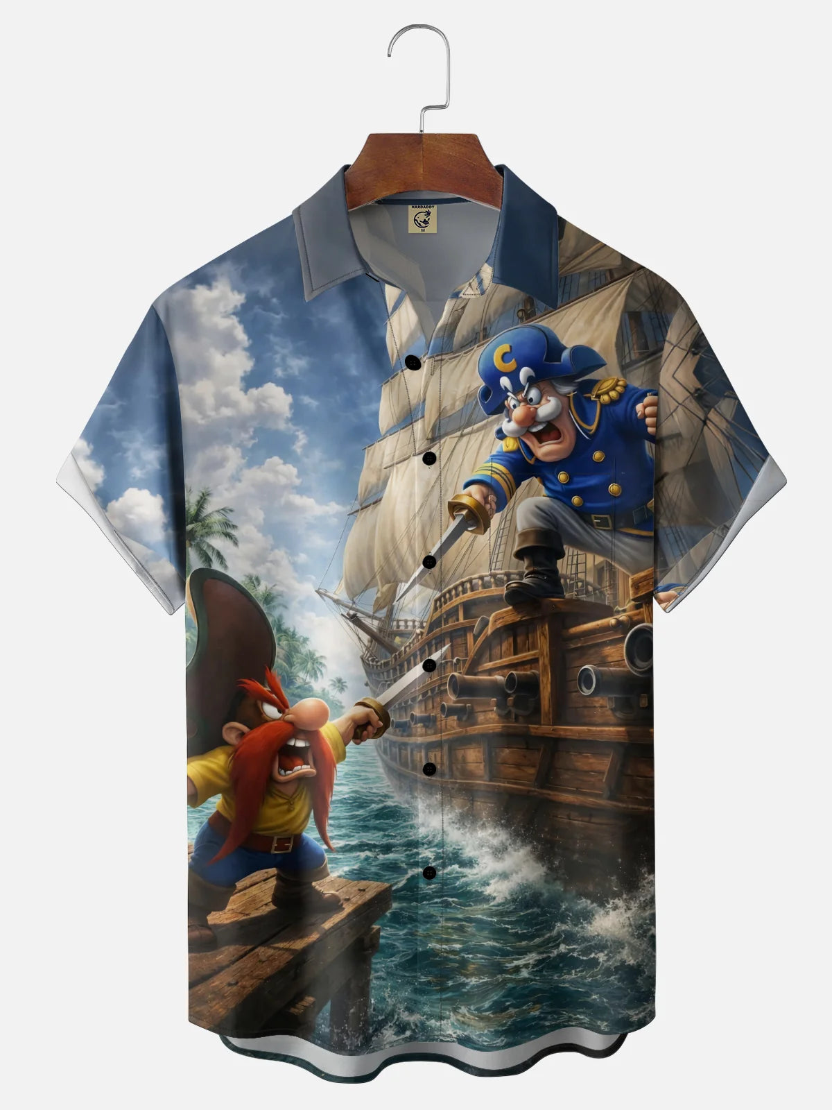 Moisture-Wicking Gradient-Color Dueling Pirates & Sailboats Design  Chest Pocket Hawaiian Shirt