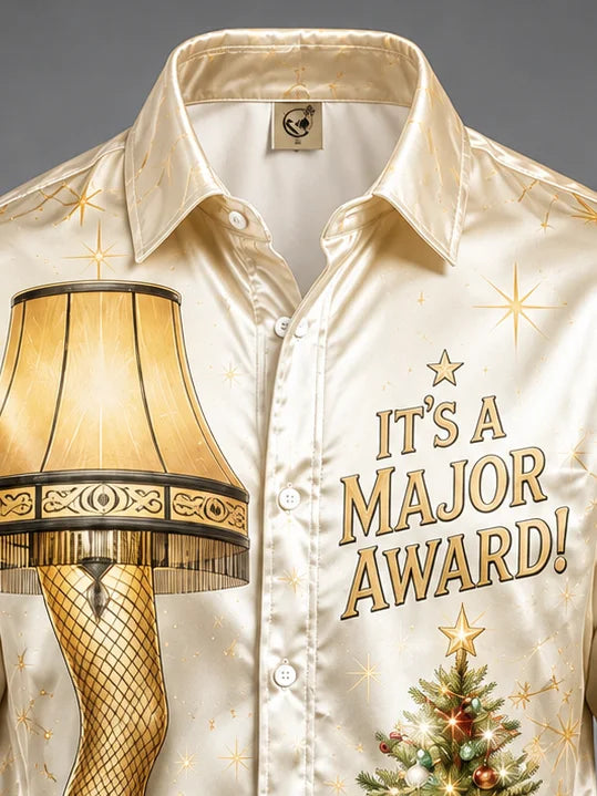 Breathable Silk Satin Christmas Leg Lamp Chest Pocket Hawaiian Shirt
