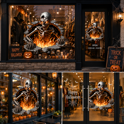 Halloween Skeleton Wall Sticker – 3D Broken Wall Flame Skull Decal for Home, Door & Window Decor