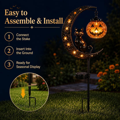 Halloween Solar Garden Stake Light - Black Cat & Pumpkin Moon Outdoor Yard Decor