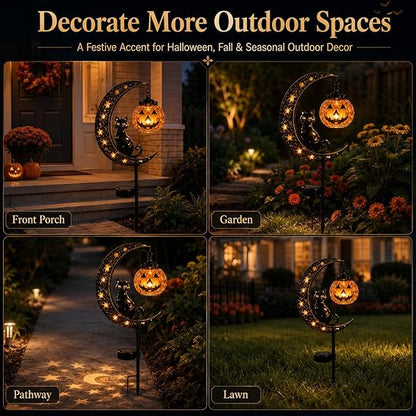 Halloween Solar Garden Stake Light - Black Cat & Pumpkin Moon Outdoor Yard Decor