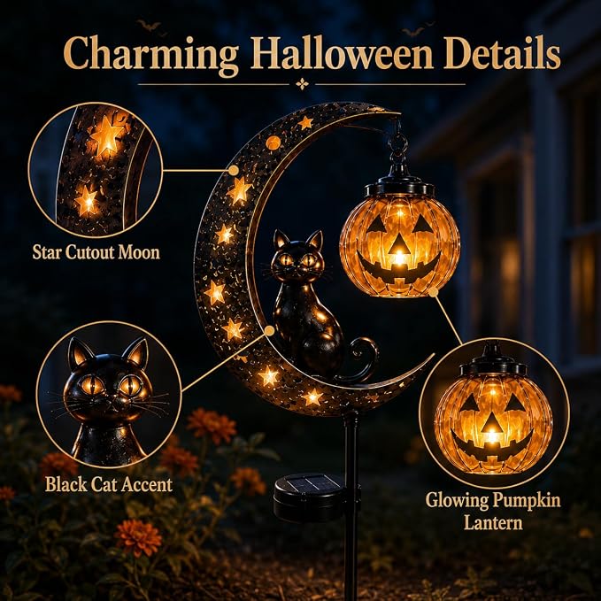 Halloween Solar Garden Stake Light - Black Cat & Pumpkin Moon Outdoor Yard Decor
