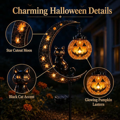 Halloween Solar Garden Stake Light - Black Cat & Pumpkin Moon Outdoor Yard Decor