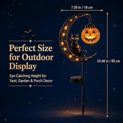 Halloween Solar Garden Stake Light - Black Cat & Pumpkin Moon Outdoor Yard Decor