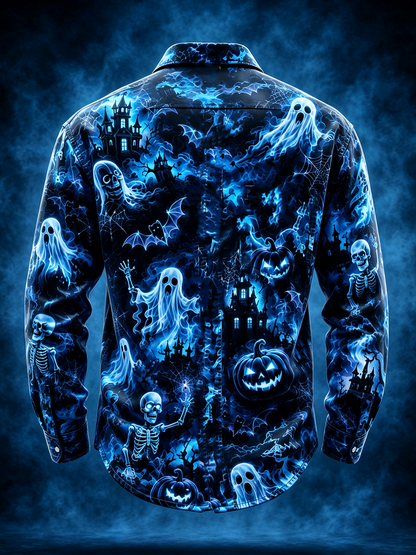 Moisture-Wicking Halloween Castle Pumpkin Ghost Bat Chest Pocket Long-Sleeve Casual Shirt