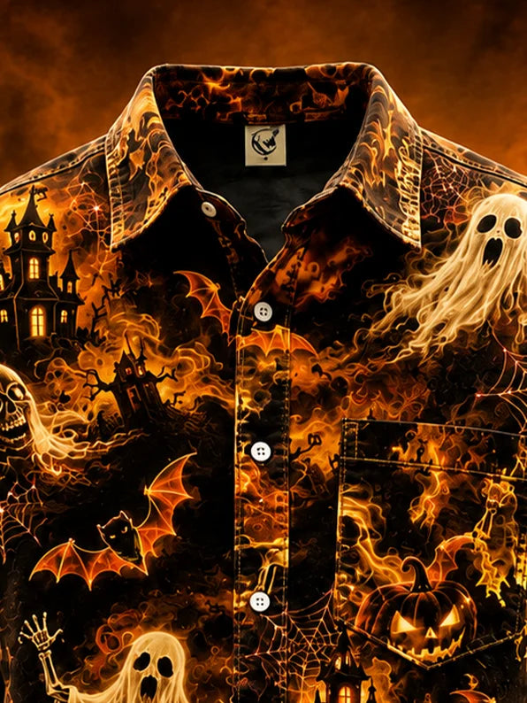 Moisture-Wicking Halloween Castle Pumpkin Ghost Bat Chest Pocket Long-Sleeve Casual Shirt