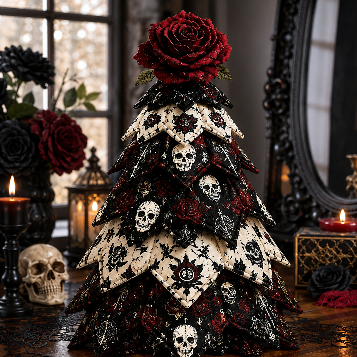 DIY Gothic Halloween Quilted Fabric Tree Kit – Layered Rose & Skull Tabletop Decoration