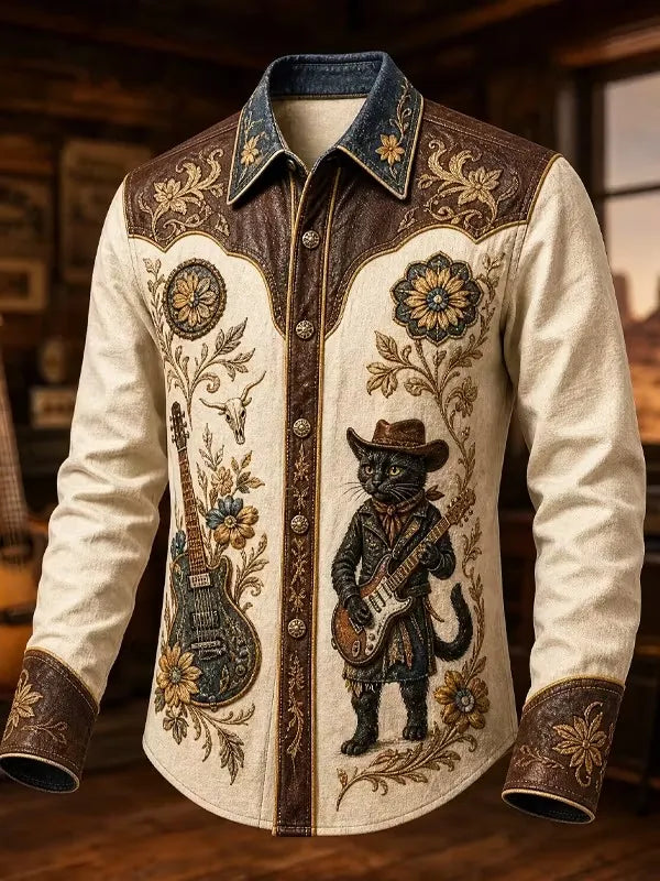 Men's Vintage Western Black Cat Cowboy Holding Electric Guitar Print Long Sleeve Shirt