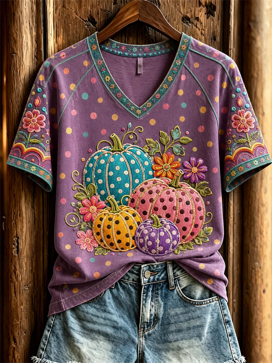 Women's Halloween Pumpkins Floral Polka Dots Art Print short-sleeved T-shirt