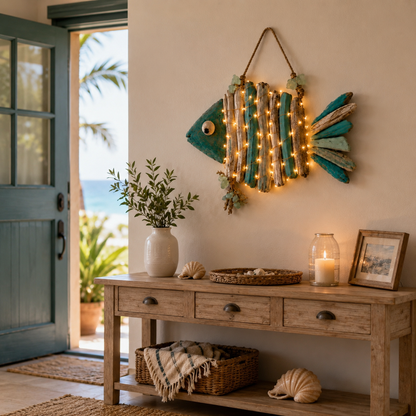 Lighted Coastal Driftwood Fish Wall Decor – Rustic Beach House Hanging Decoration