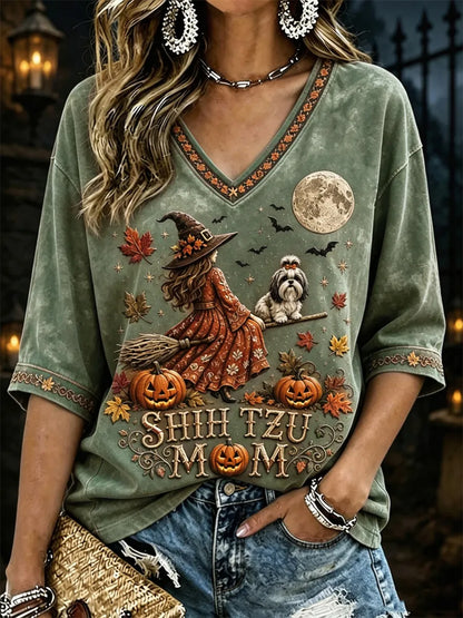 Women's Halloween Fall Shih Tzu Mom Witch & Dog Print Mid-length Sleeves V-Neck T-Shirt