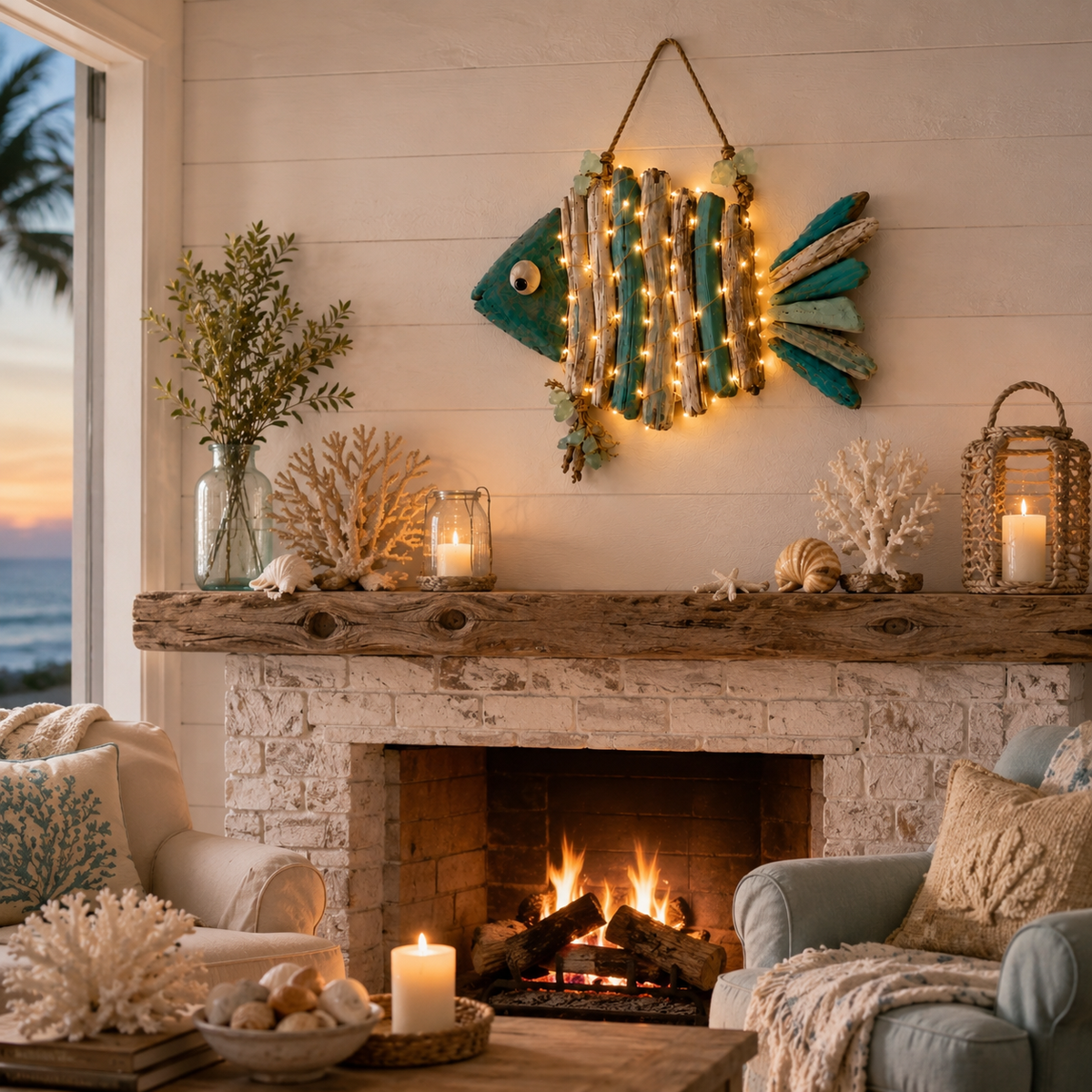 Lighted Coastal Driftwood Fish Wall Decor – Rustic Beach House Hanging Decoration
