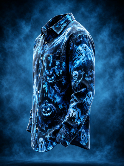 Moisture-Wicking Halloween Castle Pumpkin Ghost Bat Chest Pocket Long-Sleeve Casual Shirt