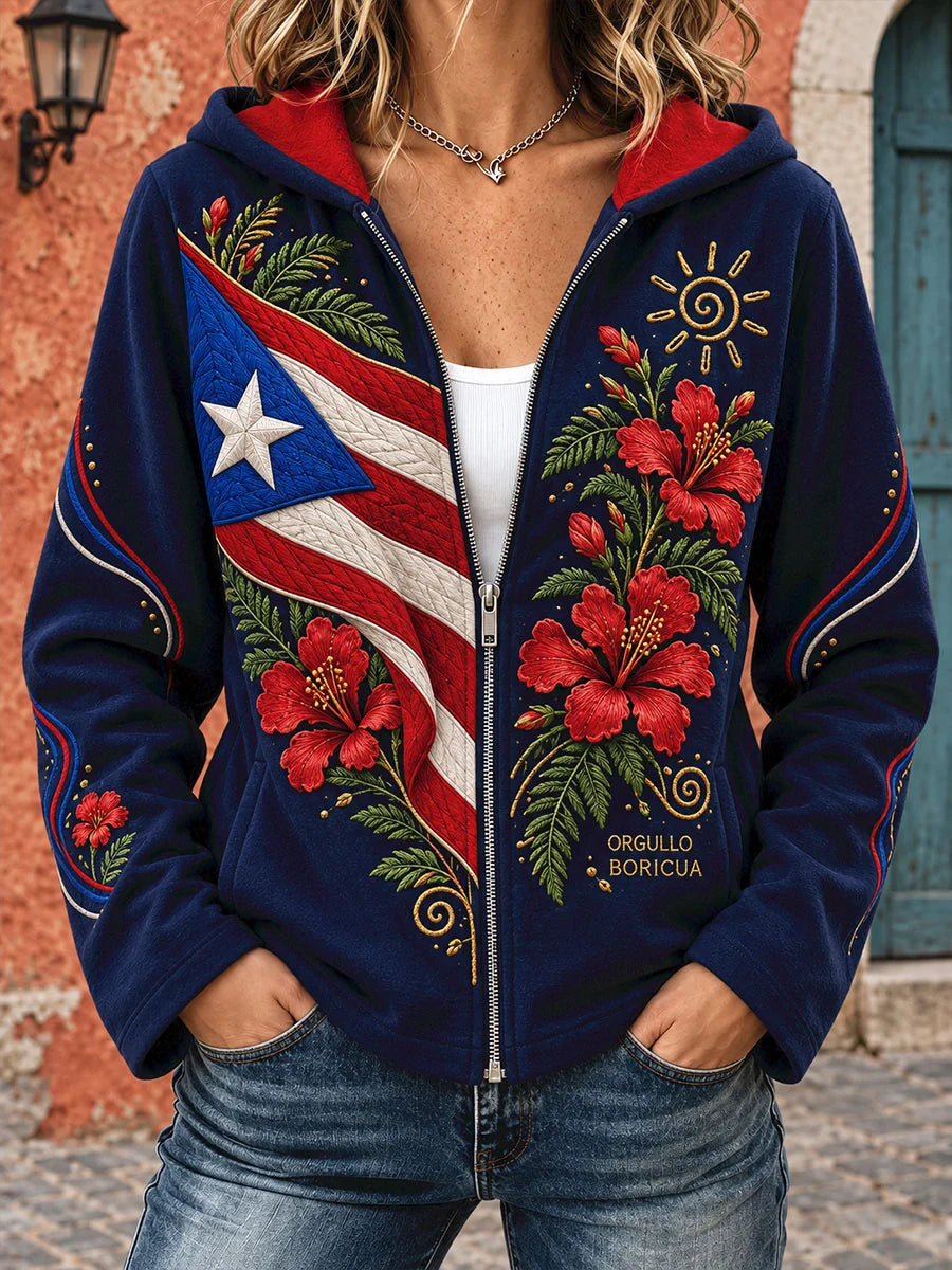 Women's Puerto Rico Art Printed Zip-Up Hoodie