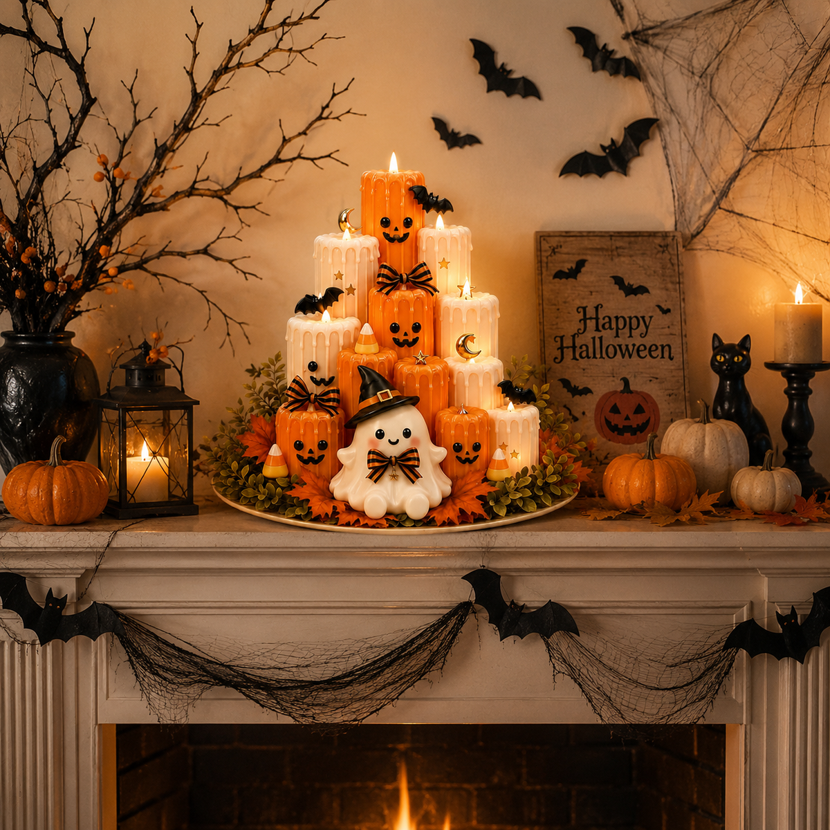 Flameless LED Ghost Halloween Tabletop Decoration | Stacked Faux-Wax Tower