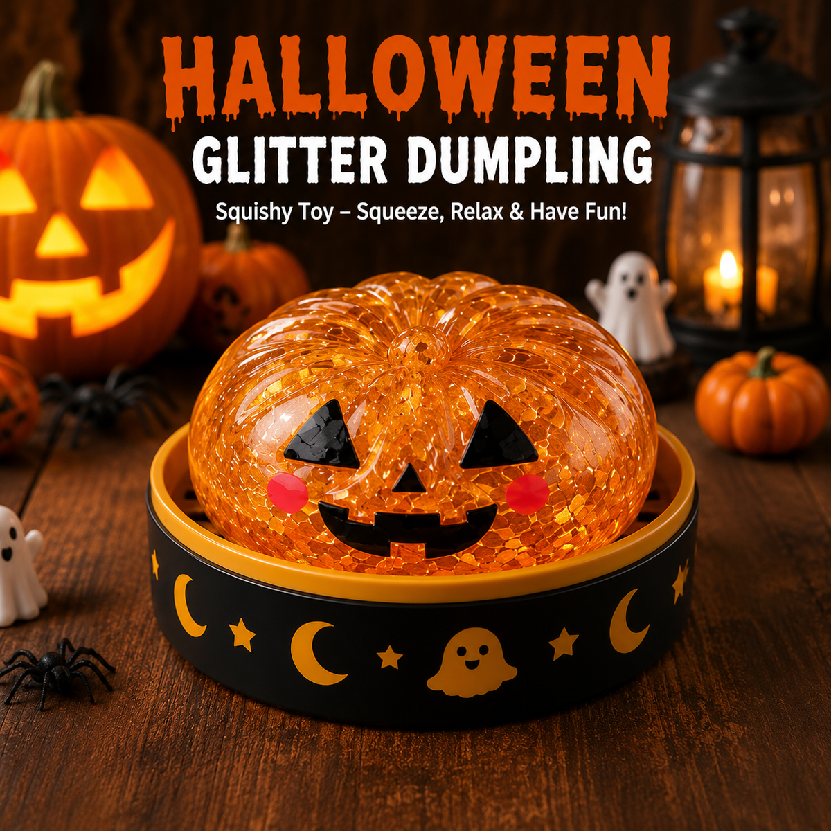 Halloween Glitter Dumpling Squishy Toy - Pumpkin Stress Ball with Spooky Steamer Tray