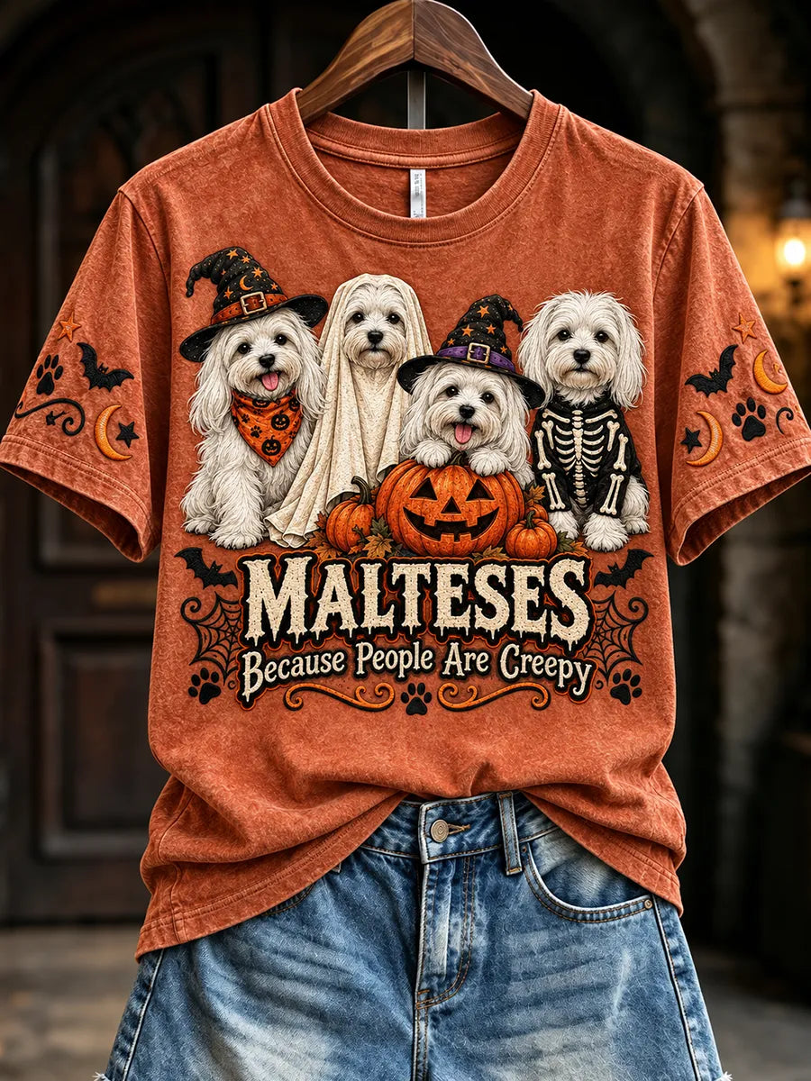 Women's Malteses Because People Are Creepy Halloween Print Short-sleeved T-shirt