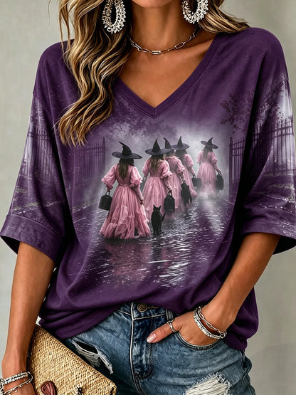 Women's Mysterious Witch and Black Cat Print Top