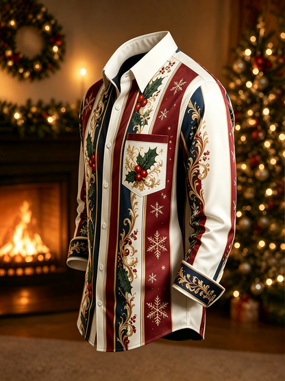 Moisture-Wicking Christmas-Themed Striped Trim and Chest Pocket  Long-Sleeve Casual Shirt
