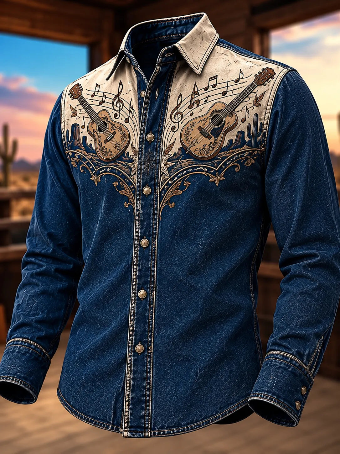 Men's Vintage Western Dual Acoustic Guitars With Treble Clef Notes Print Long Sleeve Shirt