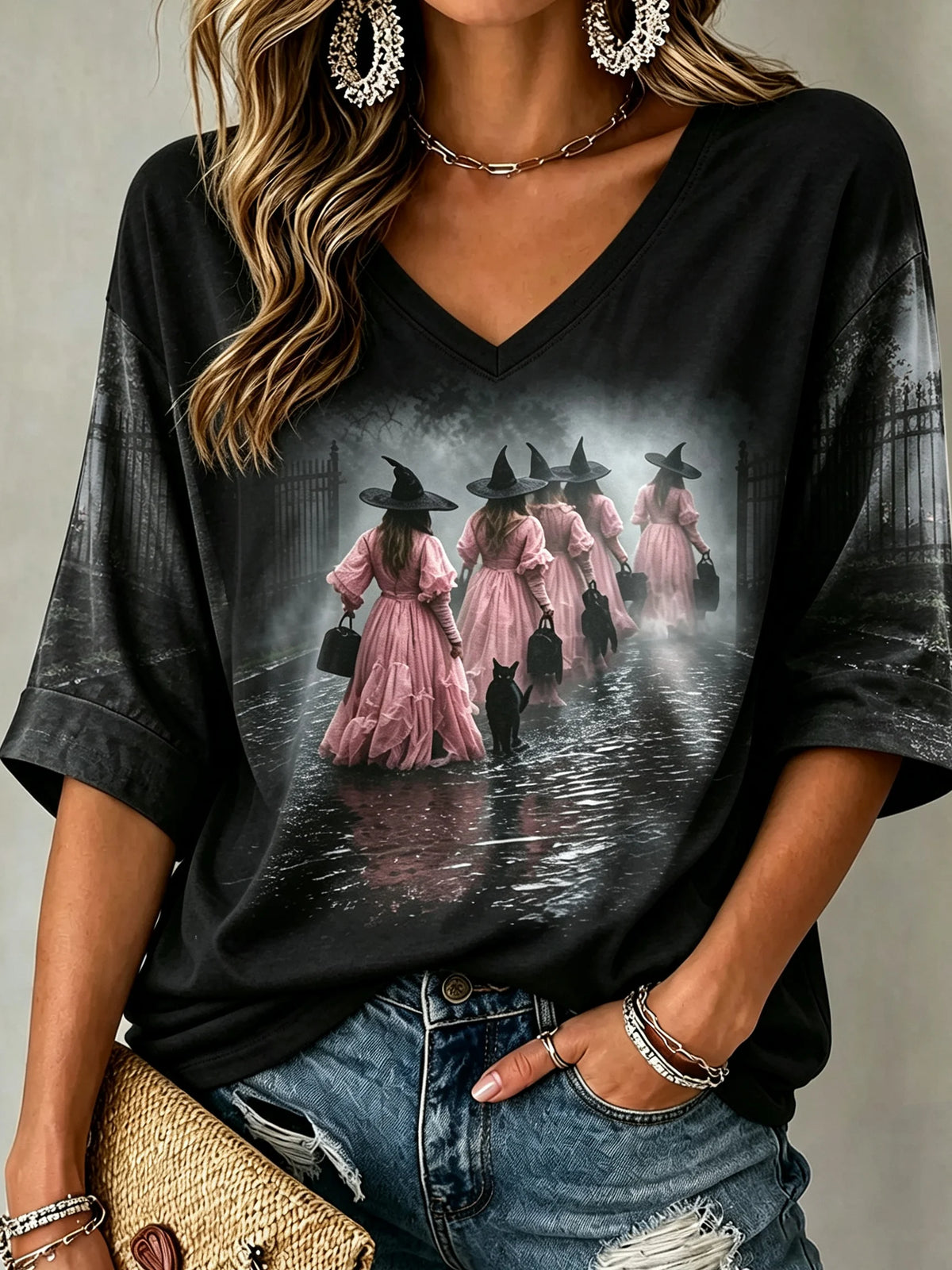Women's Mysterious Witch and Black Cat Print Top