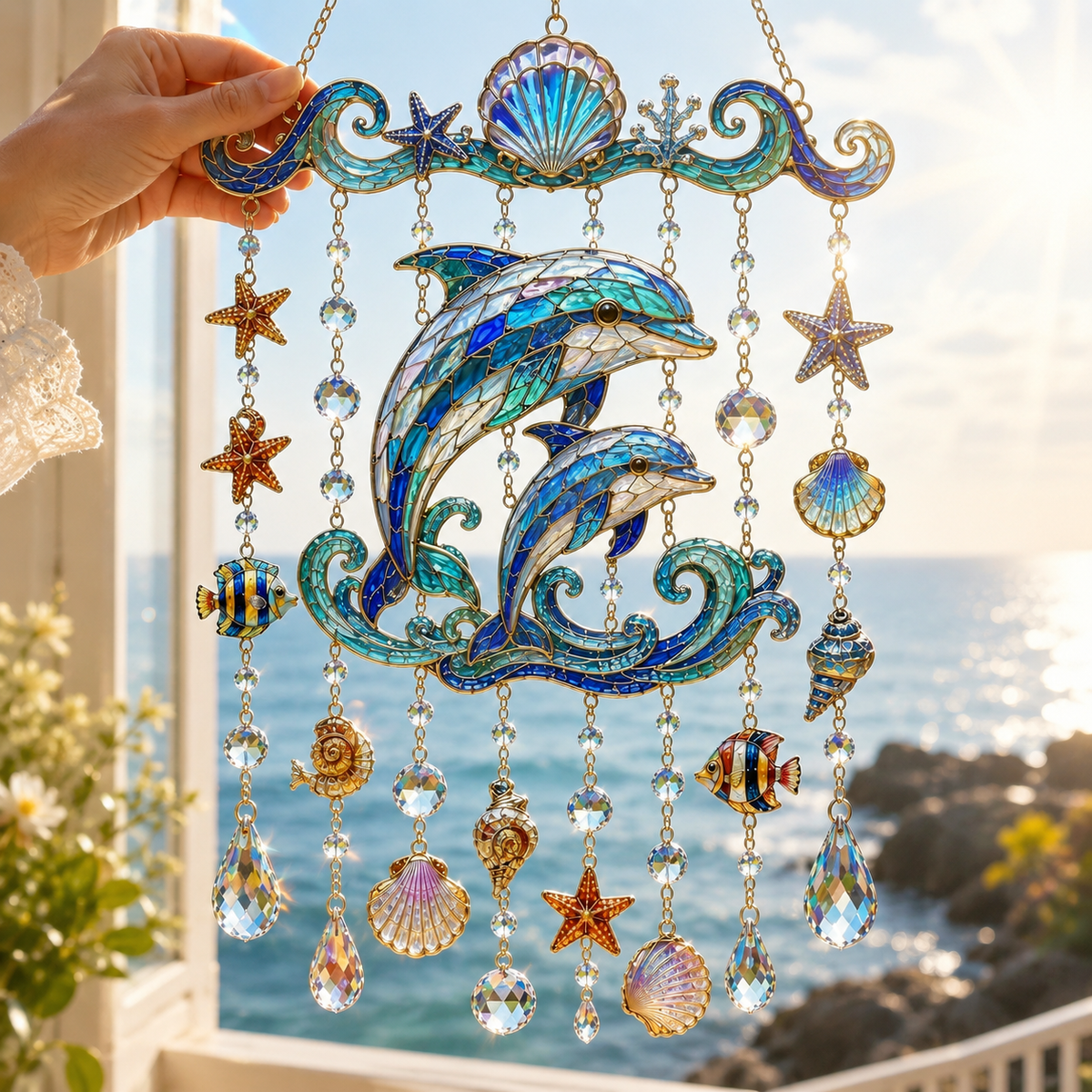 Ocean Sun Catcher Wind Chime - Coastal Style Windows and Porch Crystal Decorations
