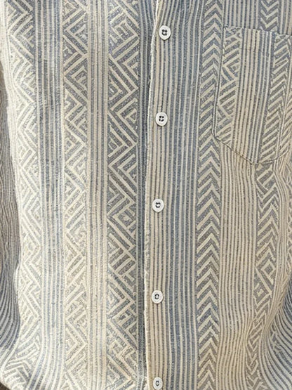 Linen-Texture Geometric Stripe  Chest Pocket Holiday Hawaiian Shirt