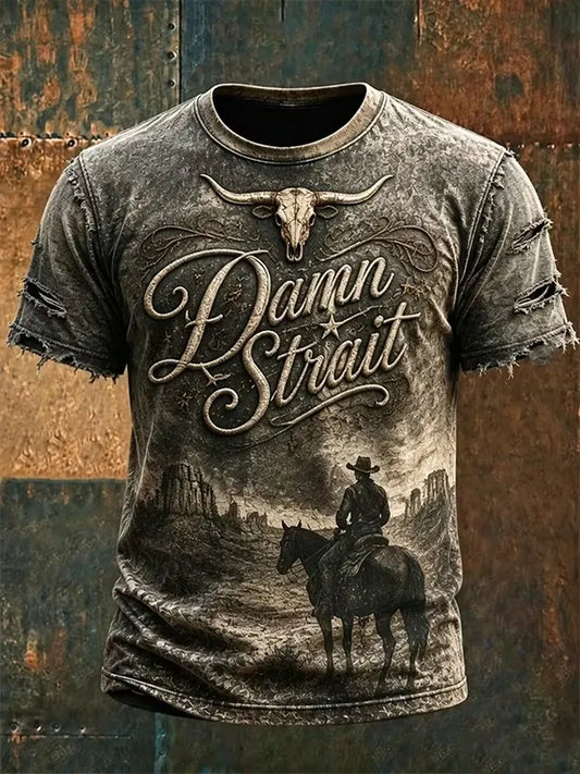 Men's Vintage Western Wilderness Cowboy Rider And Skull Print Crew Neck T-Shirt