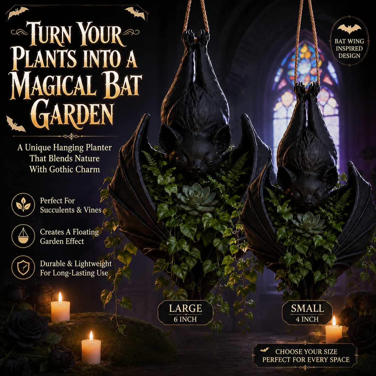 Gothic Bat Hanging Planter - Spooky Wall Decor for Succulents & Air Plants