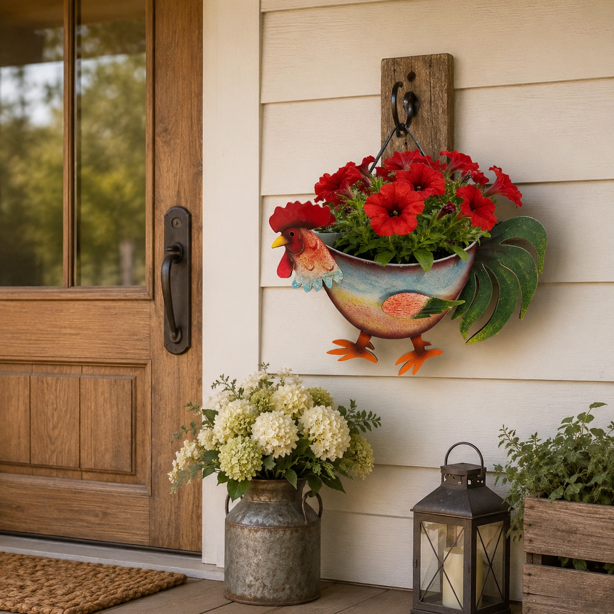 Rustic Farm Animal Metal Fence Planter – Pig, Cow & Rooster Hanging Flower Pot for Garden Decor