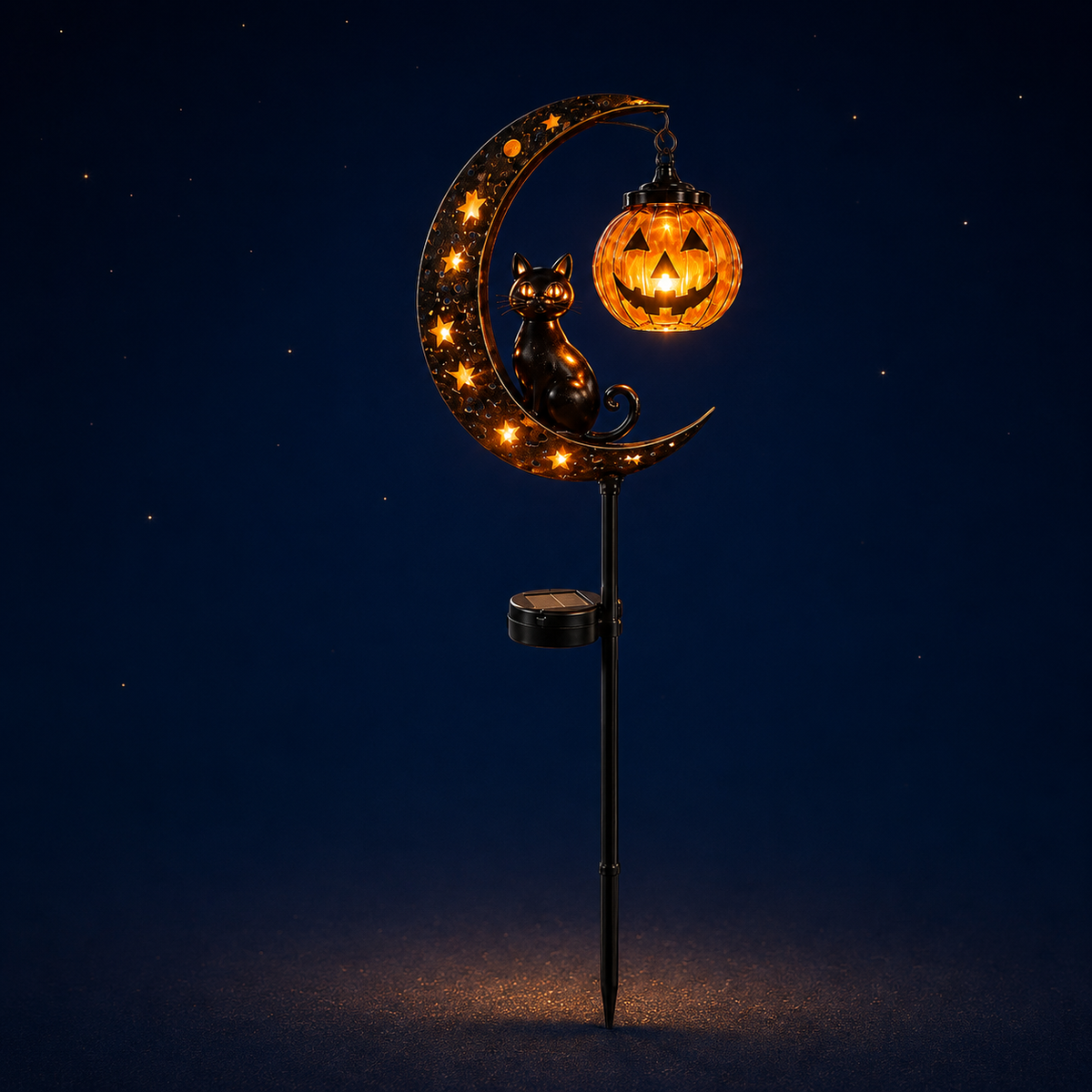 Halloween Solar Garden Stake Light - Black Cat & Pumpkin Moon Outdoor Yard Decor