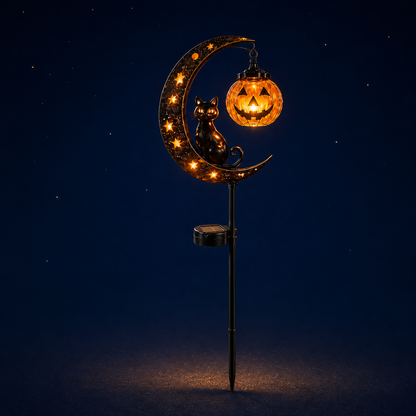 Halloween Solar Garden Stake Light - Black Cat & Pumpkin Moon Outdoor Yard Decor